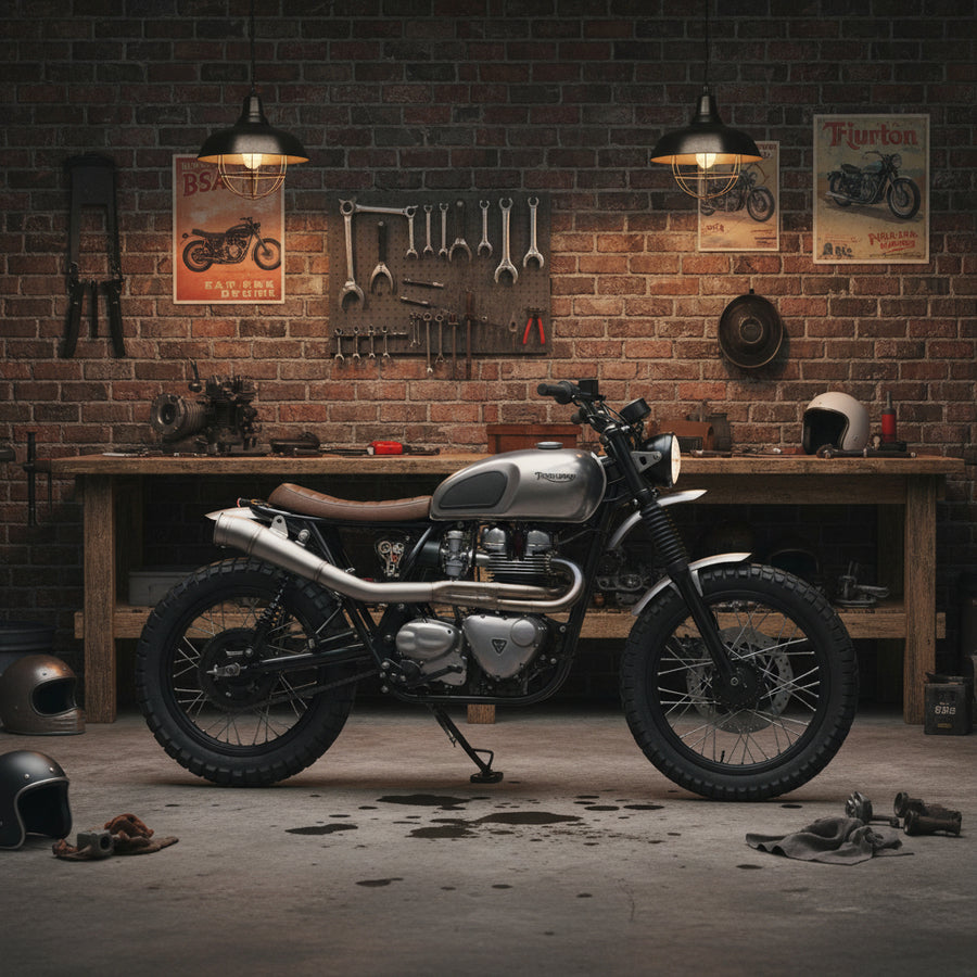 Le Silencieux Scrambler Coudé Universel avec DB Killer monter sur une moto scrambler triumph